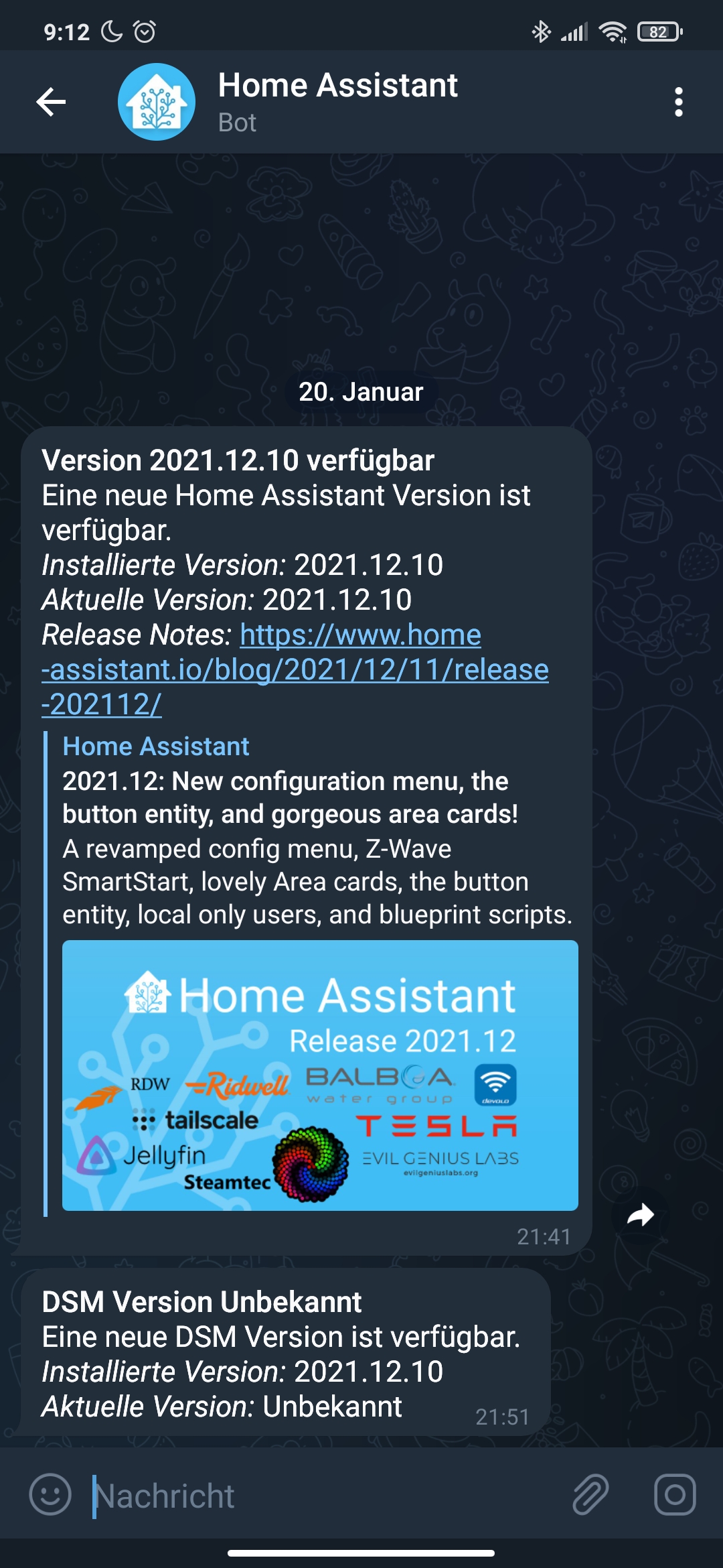 A screenshot of the Telegram Android App. A chat with the previously created bot is visible, containing multiple messages